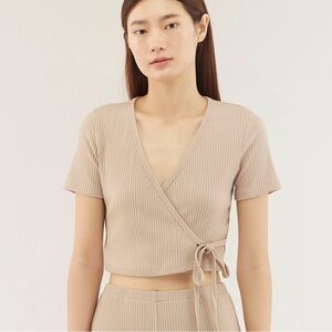 Beige Striped Wrap Crop Top